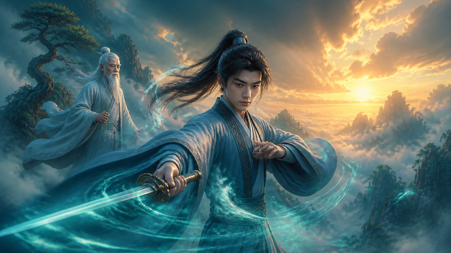 《云巅悟剑》场景概念图 · 万丈山巅云海（产品真实生成）